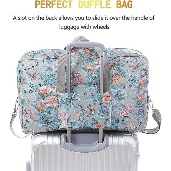 Blue Floral Printed Foldable Travel Duffel Bag Overnight Weekender‎ Bag Carry On - Picture 5 of 6